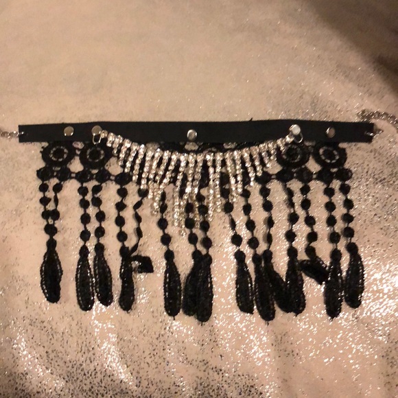 Lace, leather rhinestone choker - Picture 3 of 5